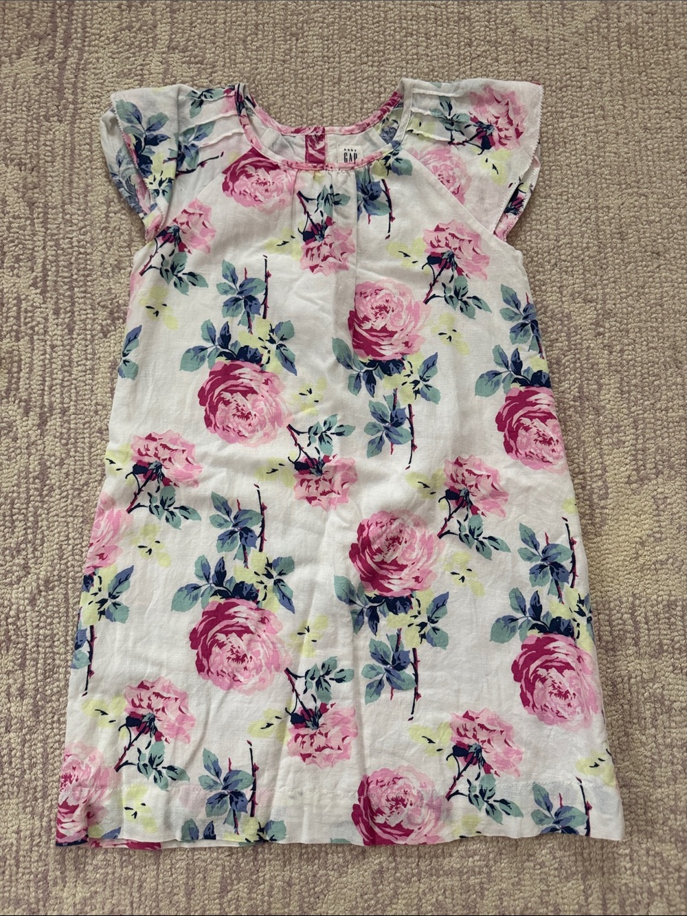 GAP White Floral Dress with Pink Roses and Blue-Green Leaves